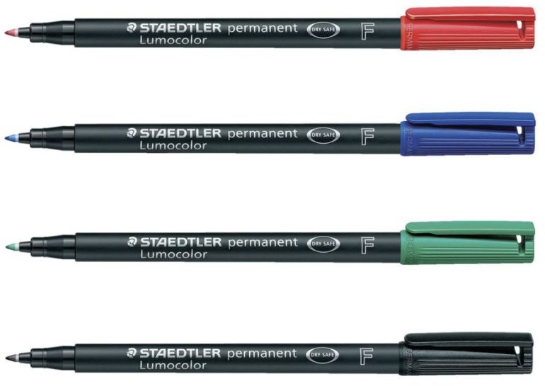 STAEDTLER Lumocolor 318 (F) Rotulador permanente, punta ojival, 0,6 mm,  azul, rojo, negro, verde - Rotuladores permanentes Kalamazoo
