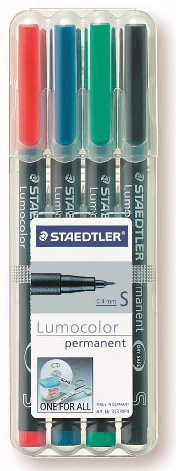 Rotulador permanente Lumocolor Staedtler punta extrafina - Caja 4 colores  clásicos en