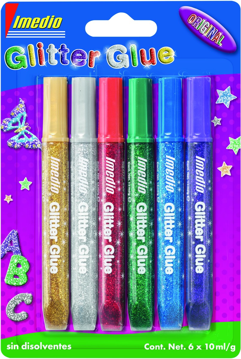 Pegamento imedio glitter 10ml brilla oscuridad 5 colores - Papelería Sambra