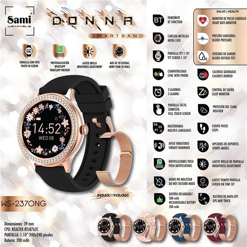 Reloj Donna SmartWatch Redondo con Piedras Negro SAMI